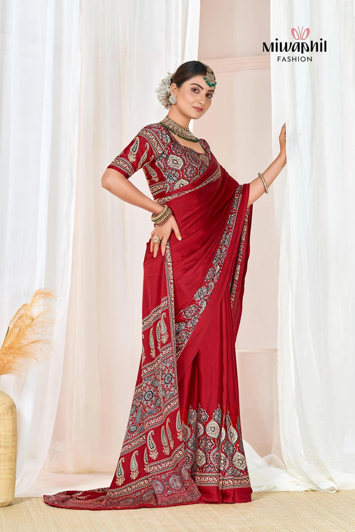 Maroon Ajrakh Printed Modal Silk Plain Saree With Ajrakh Blouse P6 For Women