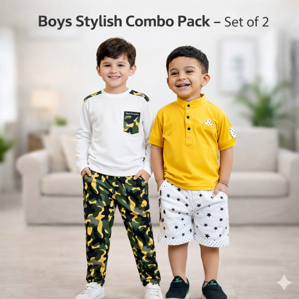 Trendy Boys Fashion Combo Set (Camo Jogger + Yellow Polo Shorts)