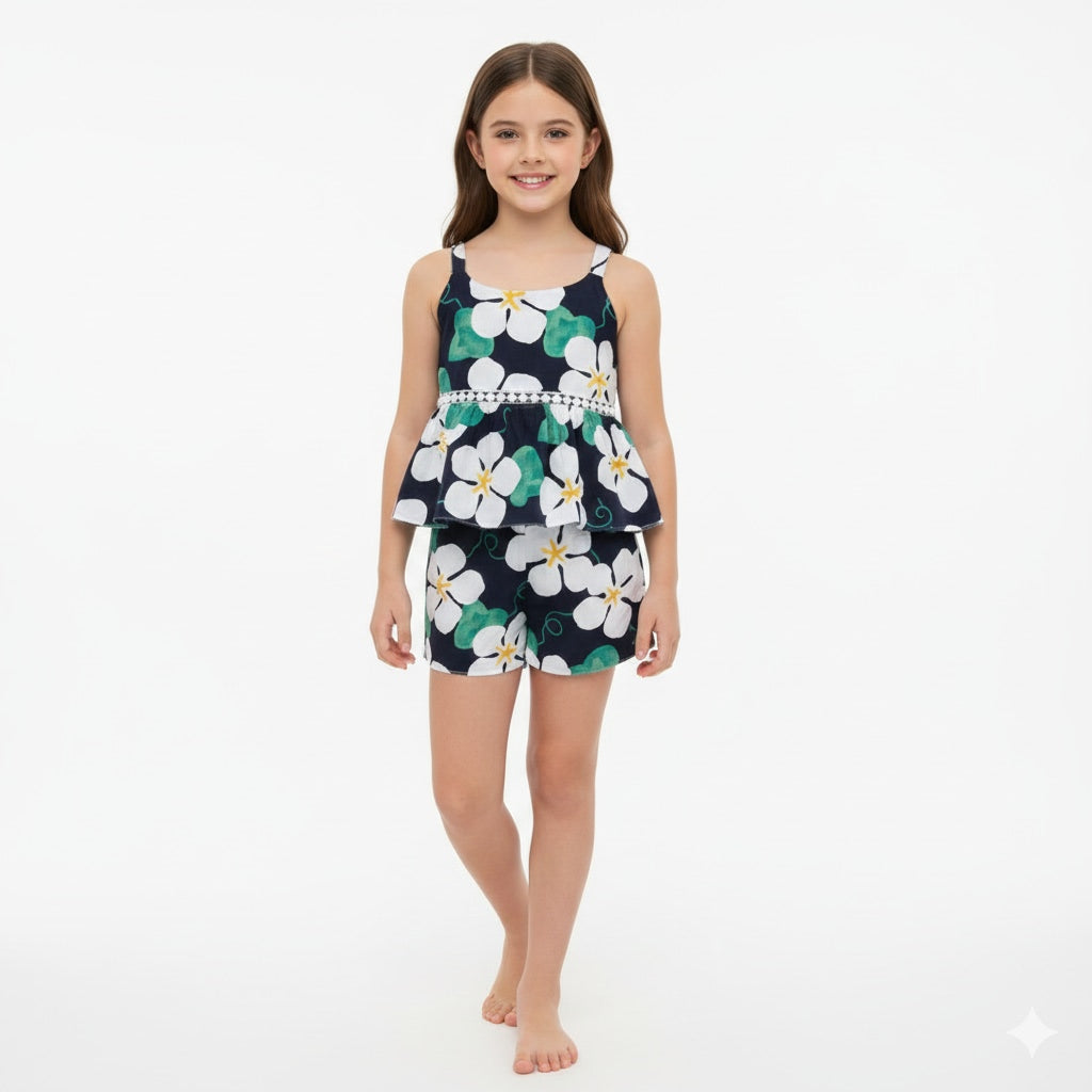 Girls Floral Printed Top & Shorts Set
