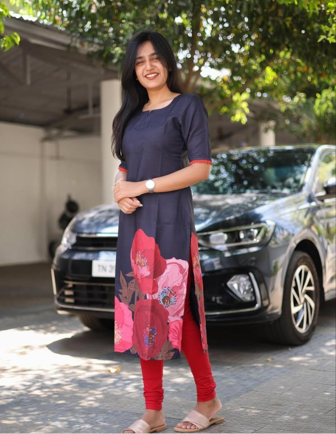 Navy Blue Floral Elegance Printed Kurti For Women